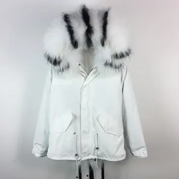 

2018 Weaving Fox fur thick Lining White Parka womens Windproof Big Collar Winter Parka Jacket
