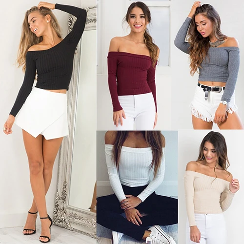 

Women Fashion Sexy Off Shoulder Solid Color Long Sleeve Knitted Shirt Basic Top