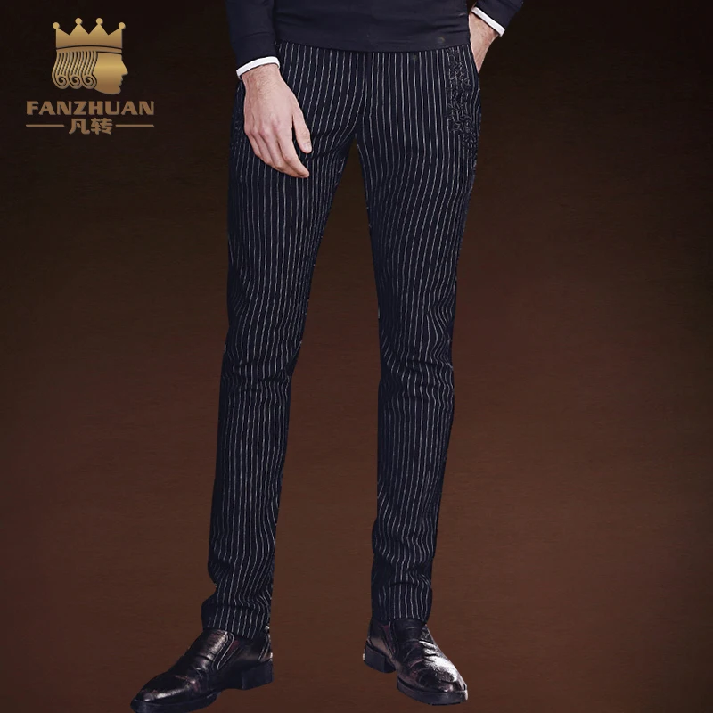 

FANZHUAN Brands Clothing 2018 New Spring Men's Striped Casual Pants, Embroidered Trousers Fashion Business Straight Trousers