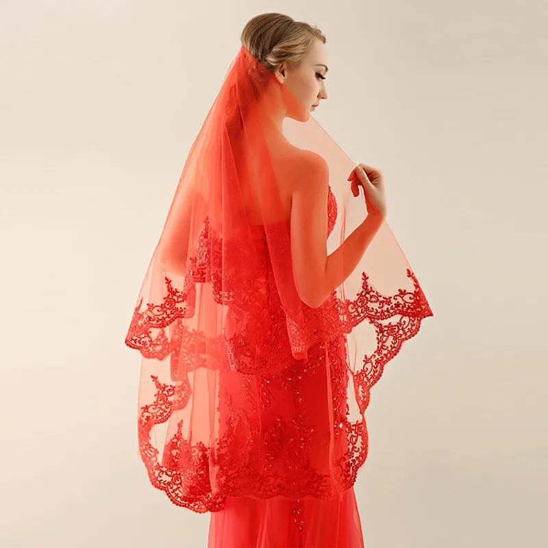 Free-Shipping-2016-Hot-Sale-Simple-Red-One-Layer-Bridal-Veil-Lace-Appliqued-Edge-High-Quality