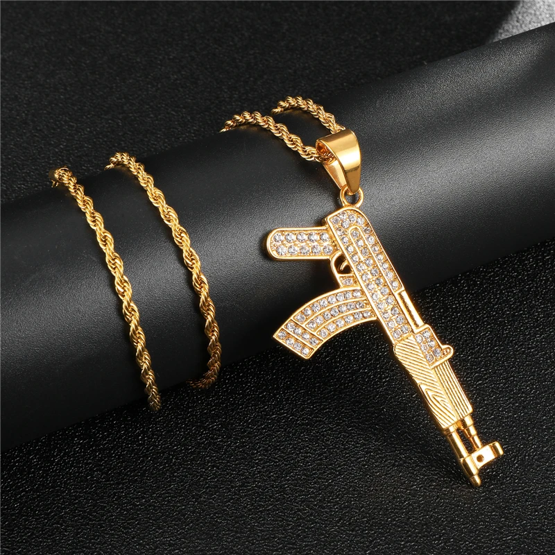 

HIP Bling Gold Color Hop Iced Out Full Rhinestone AK47 Gun Necklaces & Pendants Stainless Steel Necklace for Men Jewelry