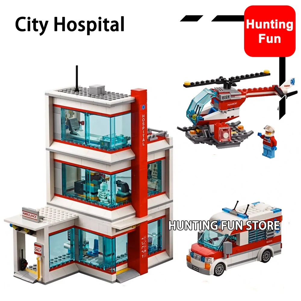 

02113 964Pcs Compatible Legoness 60204 City Hospital Set Ambulance Helicopter Minifigs Figures Model Building Blocks Toys Kids