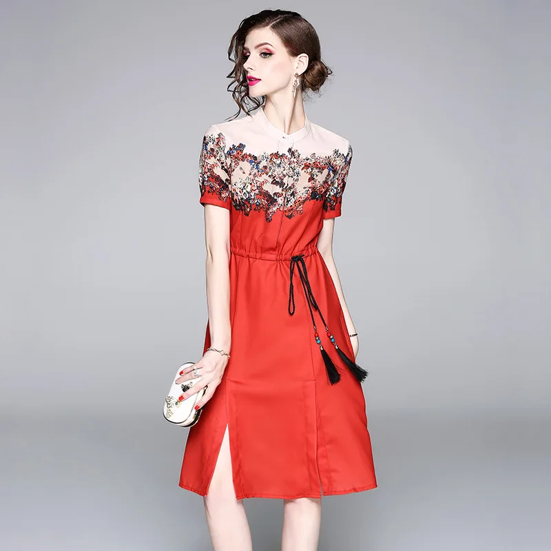 2018 New Autumn European Fashion Print dress Vintage Floral Print Patchwork Short Sleeve Casual Dress With Beaded Belt