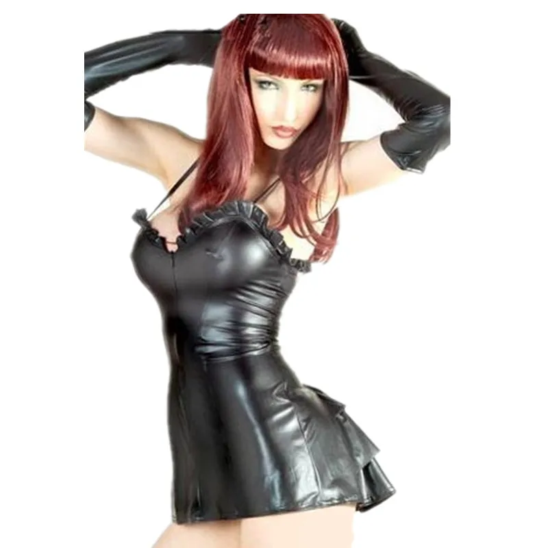 

Fashion Women Bandage Dress Front Zipper Faux Leather Vest Sexy PVC Ruffle Mini Dress Club Dance Dress For Women