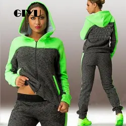 GIYU осенние Лоскутные женские спортивные костюмы повседневные с капюшоном комплект из 2 предметов эластичная талия длинные штаны