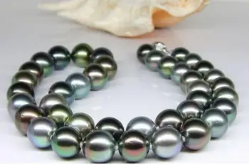 

Jewelry Pearl Necklace 925 silver real natural big huge18"12-13mm real genuine black Tahitian peacock green multic Free Shipping
