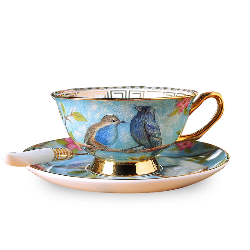 

2018 Newest Luxurious Ceramic Coffee Cups With Saucer Birds Tea Milk Cup Set with spoon European Style Drinkware-Z0035