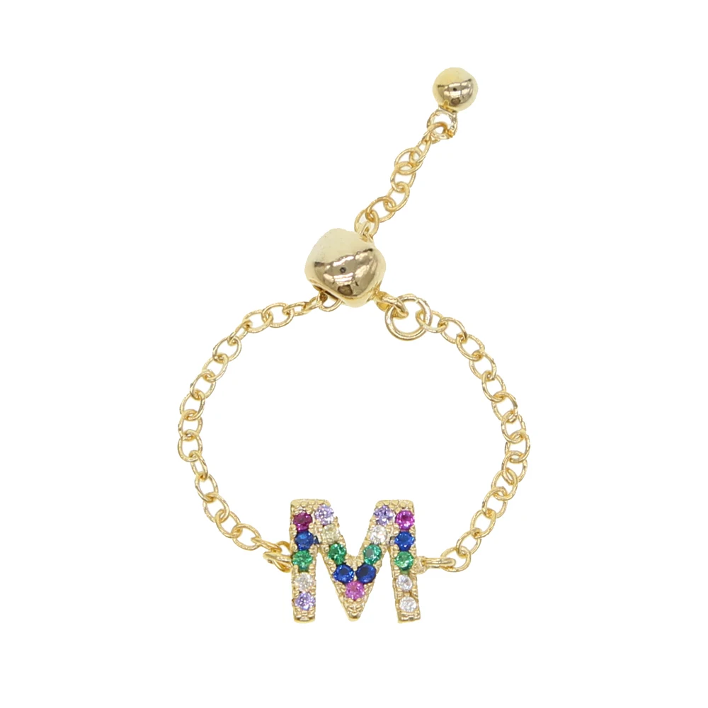 26 Initial Alphabet Charm chain adjust ring Gold color rainbow cz paved letter personalized finger ring fashion