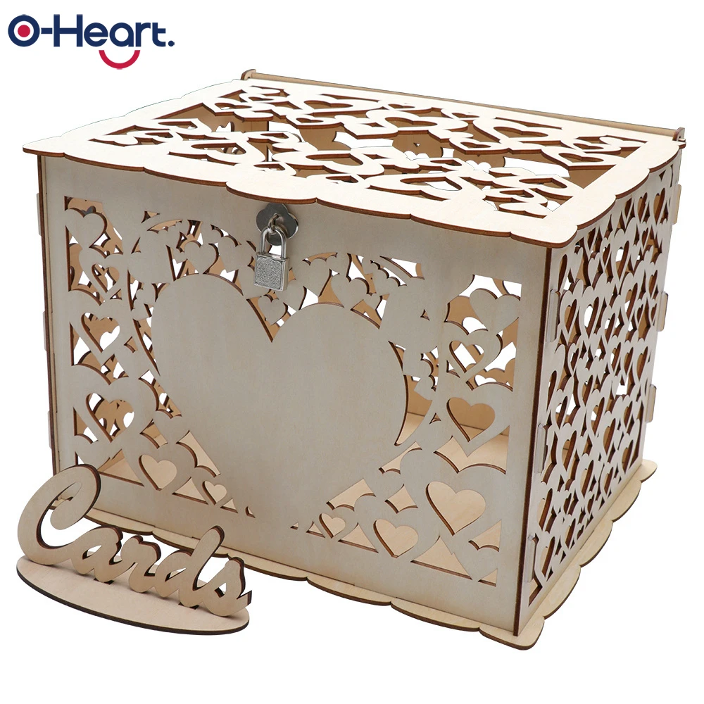 OHEART Rustic DIY Wedding Card Box Wood Gift Box with Lock Money Box Hollow Hearts Shaped Gift Card Box Sign Anniversary Party