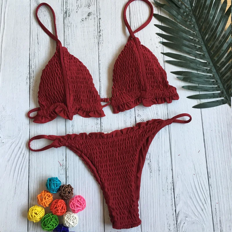 

Sexy Pleated Summer Push Up Padded Women Two Pieces Bra Brief Set 2019 New Fashion Solid Female Beachwear High Cut Bathing Suits
