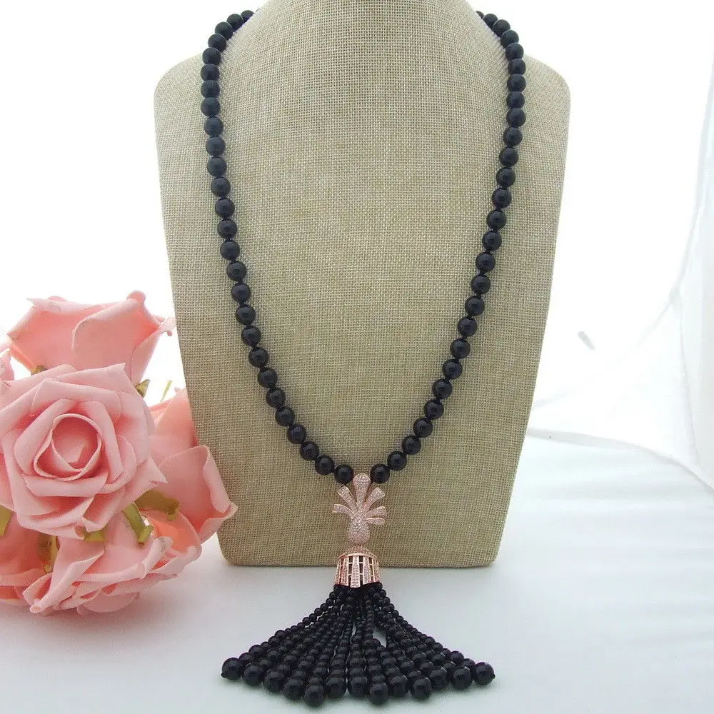 

AB061401 Round Onyx Necklace CZ Pendant 28''