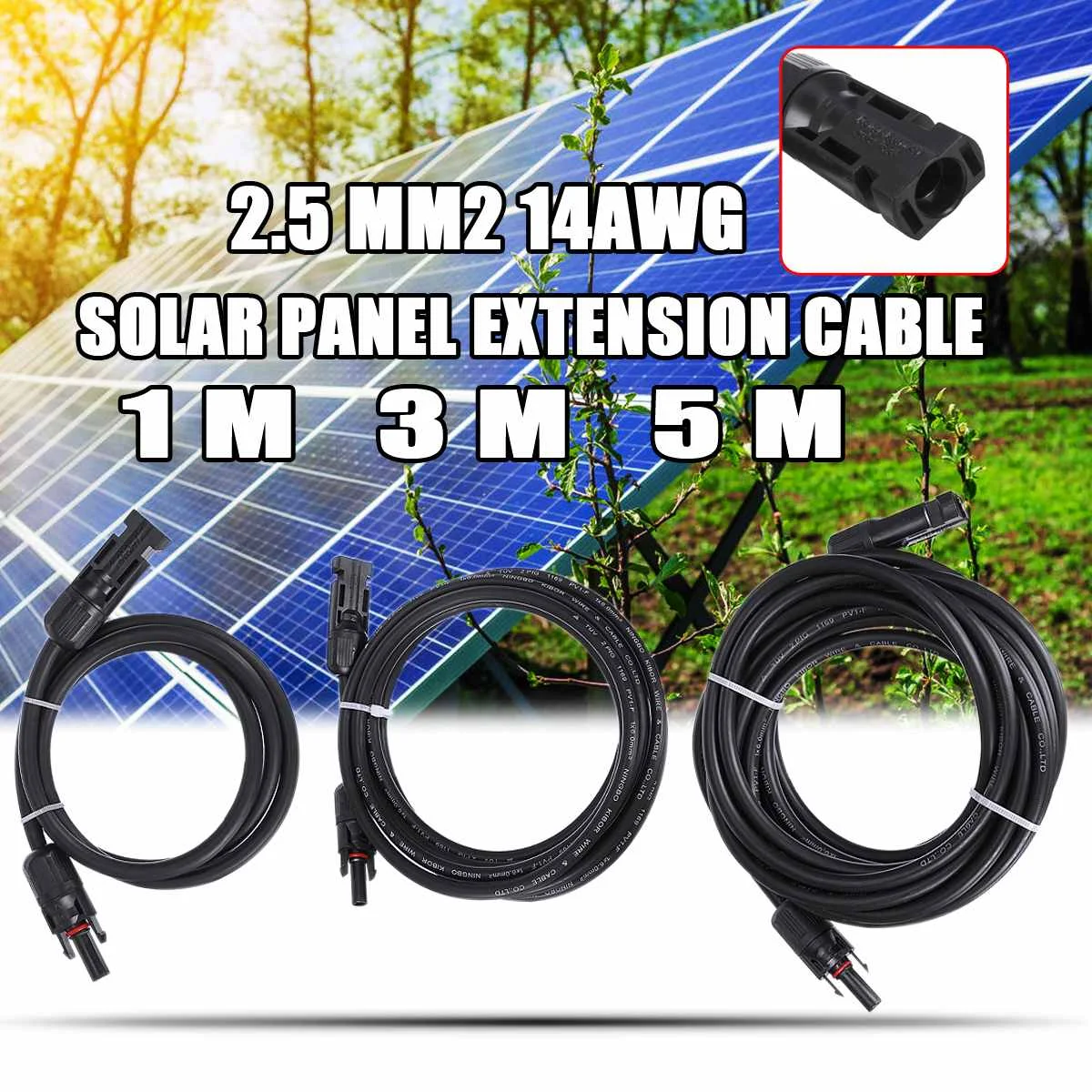 

1 Pair 1/3/5M Solar Panel Extension Cable Copper Wire Black With MC4 Connector Solar PV Cable 2.5 mm2 14AWG