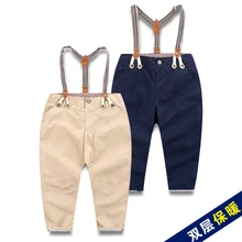 Children’s clothing boy double leisure trousers joker suspenders 2016 baby pure color interlining to keep warm trousers