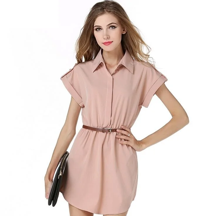 2017 New Casual Summer Chiffon Lapel Collar Dress For Women Shirts