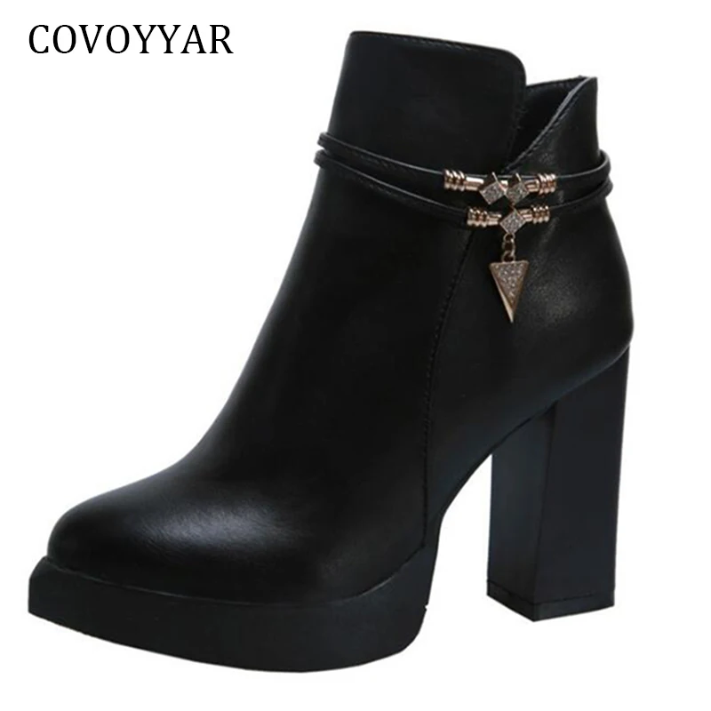 

COVOYYAR 2019 Thick High Heel Women Boots Autumn Winter Metal Decor Ankle Booties Side Zip Black Woman Shoes Plus Size WBS886