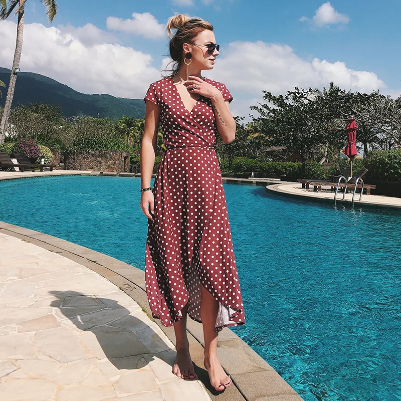 

split Dress Women Summer V neck dot Print Beach Dress lace up vestidos asymmetric Casual Elegant Vacation Dress