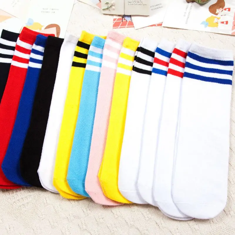 

Student Girls Three Bars Long Stockings Cotton Striped Tigh High Over Knee Socks