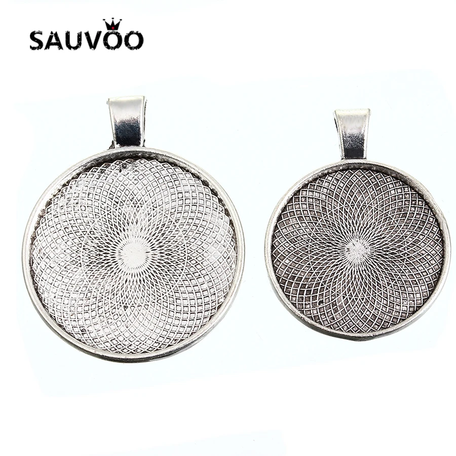 Sauvoo 10pcs Alloy Antique Silver Round Blank Pendant Tray Base fit 25mm/30mm Stone Glass Cameo Cabochon Jewelry Making Findings | Украшения