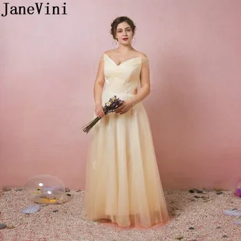 

JaneVini Nedime Elegant Champagne Long Bridesmaid Dresses Cap Sleeve Tulle Women Formal Dresses For Party Wedding Plus Size Gown