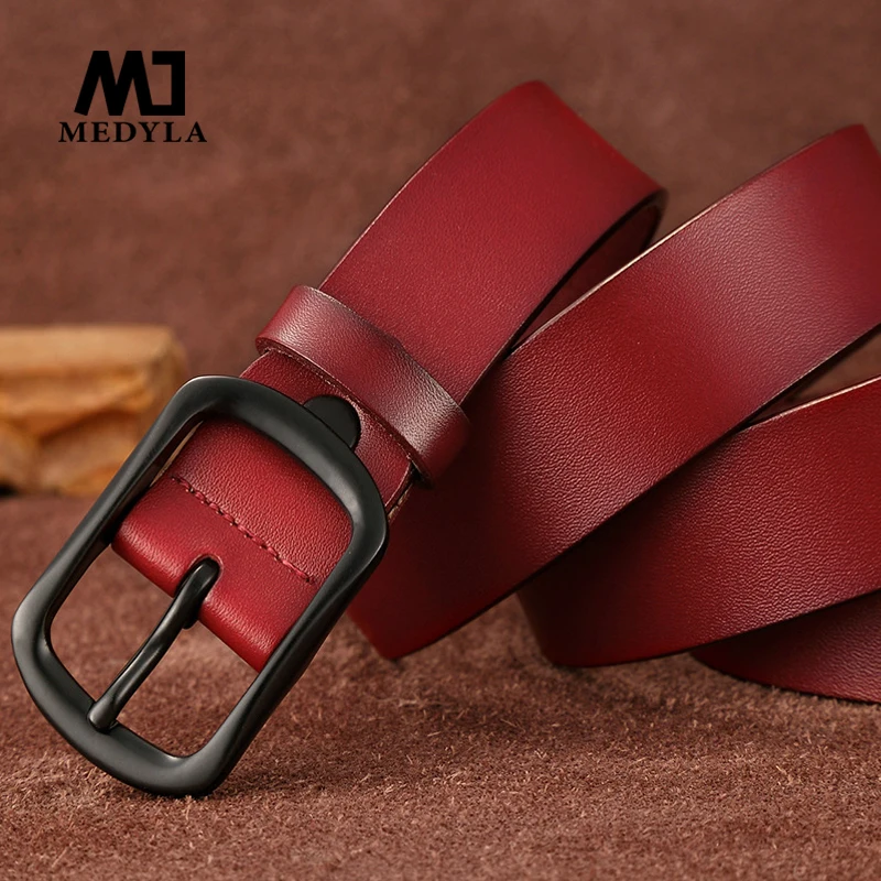 

MEDYLA Fashion Belt for Woman Vintage Cow Genuine Leather Belts Brand Women Casual Luxury Female Belts Black Alloy Buckle Design