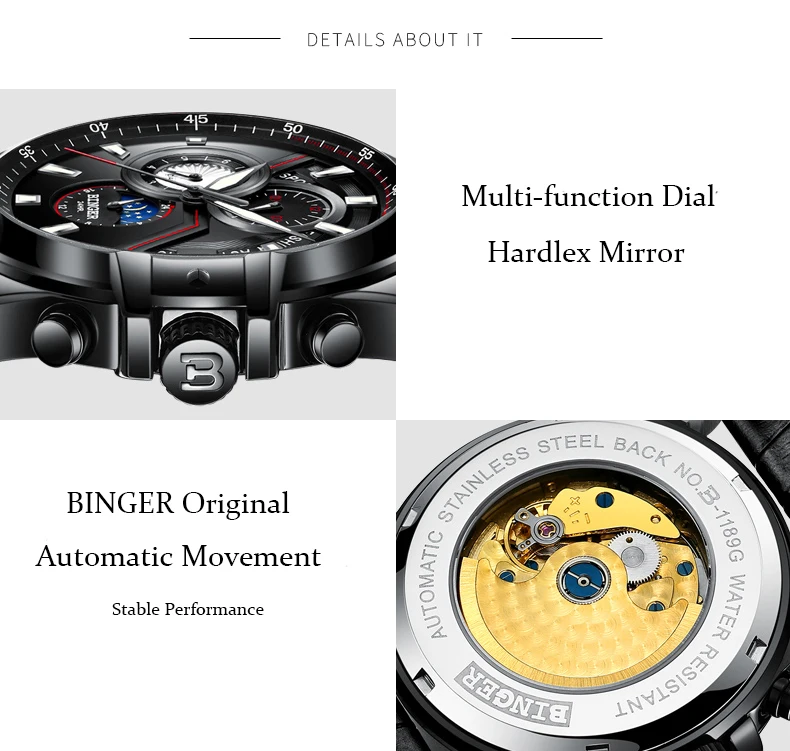 Швейцарские автоматические механические часы Бингер для мужчин, спортивные мужские часы, светящиеся наручные часы, водонепроницаемые мужские часы