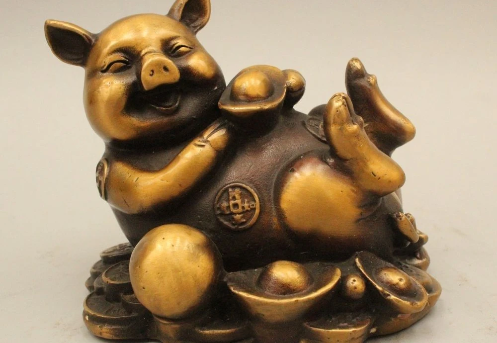 

4"Lucky China Chinese Fengshui Bronze Zodiac Year Wealth Money Yuan Bao Pig