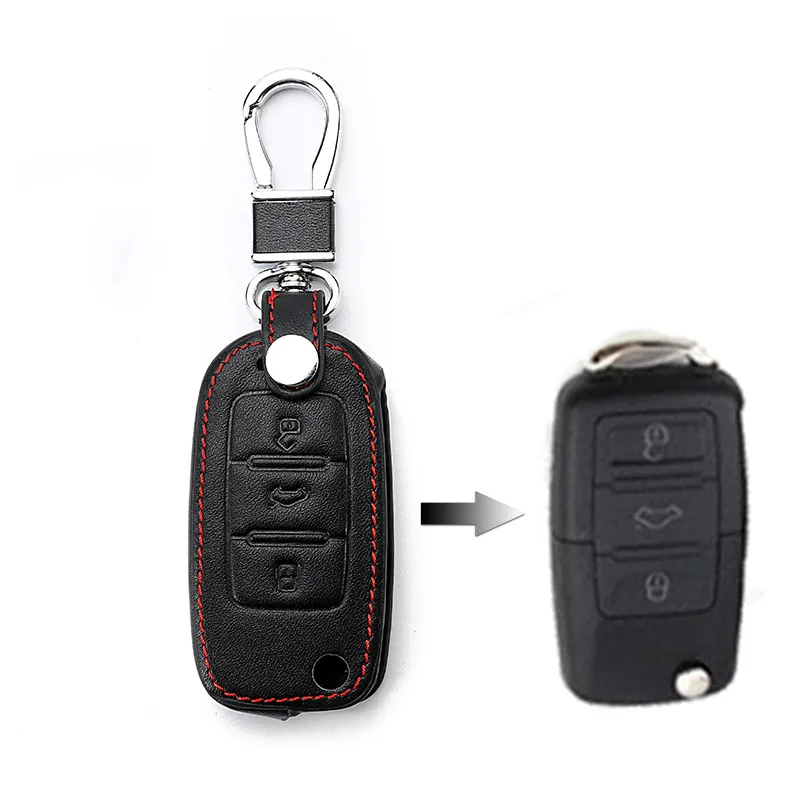 Black Чехол для ключей из натуральной кожи для Volkswagen Polo, Golf Passat Beetle T5 Up Eos Tiguan Seat для автомобиля Skoda аксессуары - Название цвета: Black