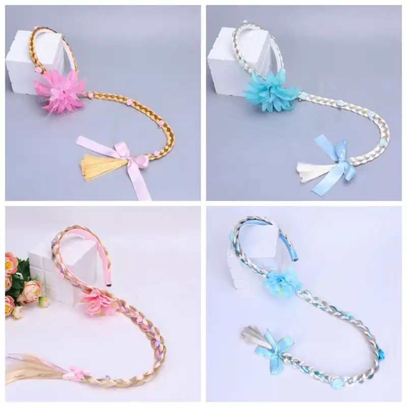 Children S Wig Long Braids Headband Princess Style Ice Cartoon Anime Princess Hairpin Jewelry Flower Girl Hair Accessories
