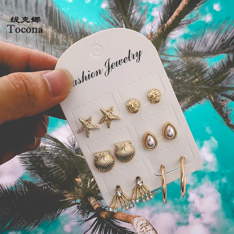 

Tocona 6pair/sets Earrings Sets Starfish Round Water Drop Pearl Shell Scallop Geometric Clear Crystal Stone Women Jewelry F06501