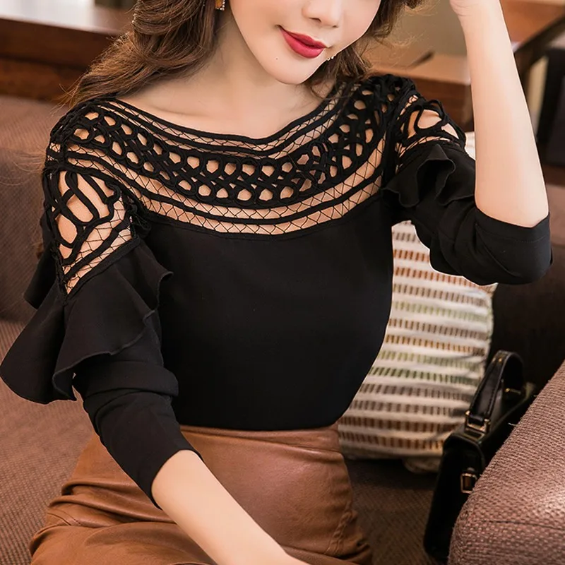 

New Chiffon Blouses Shirts Women Spring Ruffle Long Sleeve Ladies Tops Hollow Out Lace Patchwork Blusas Femininas