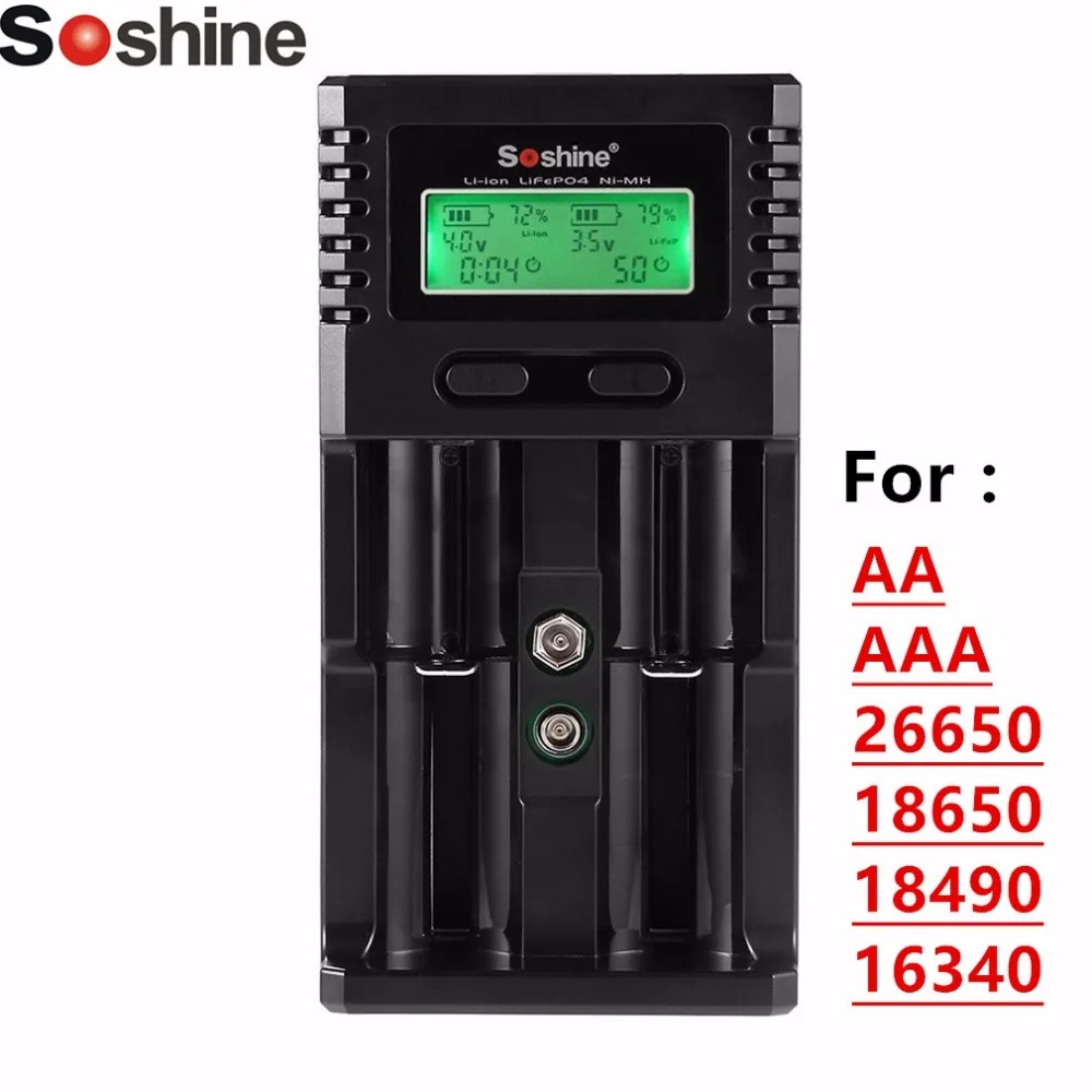

Soshine Smart Battery Chargers with LCD Display and Car Charger For Li-ion Ni-MH AA AAA 26650 18650 18490 16340 LiFePO Battery