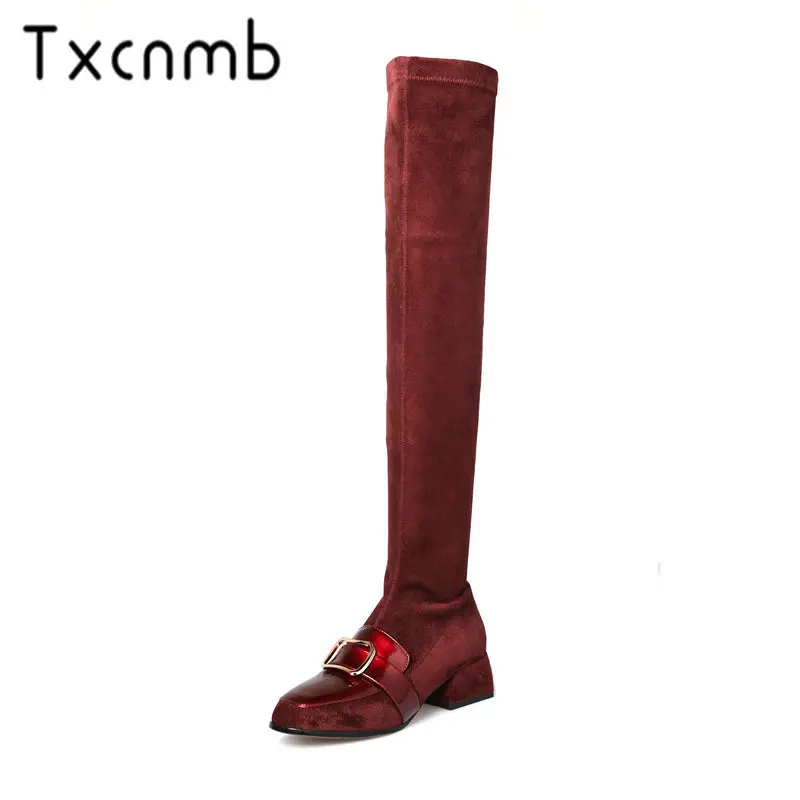 

TXCNMB Suede Leather Over The Knee High Boots Women Square Heels Comfort Shoes Woman Party Dancing Motorcycle Women Boots
