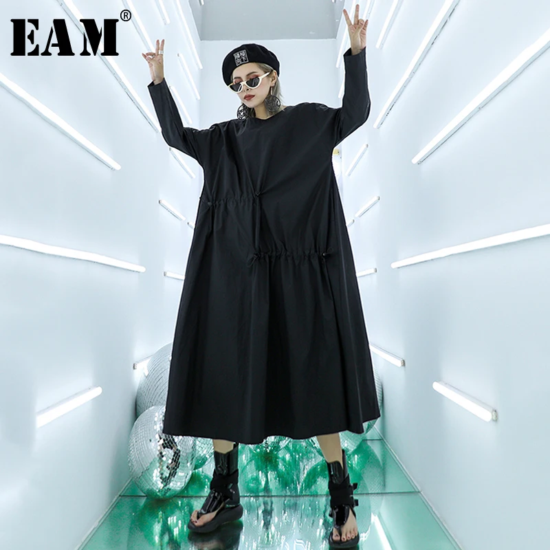 

[EAM] Women Back Pattern Printed Big Size Shirt Dress New Round Lapel Long Sleeve Loose Fit Fashion Spring Autumn 2019 JZ206