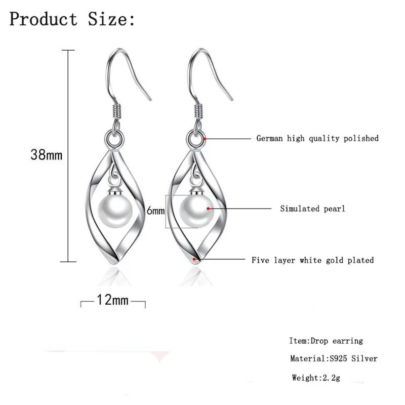 Модные Элегантные 925 пробы серебряные жемчужные серьги для женщин, дамские высококачественные свадебные висячие серьги, ювелирные изделия
