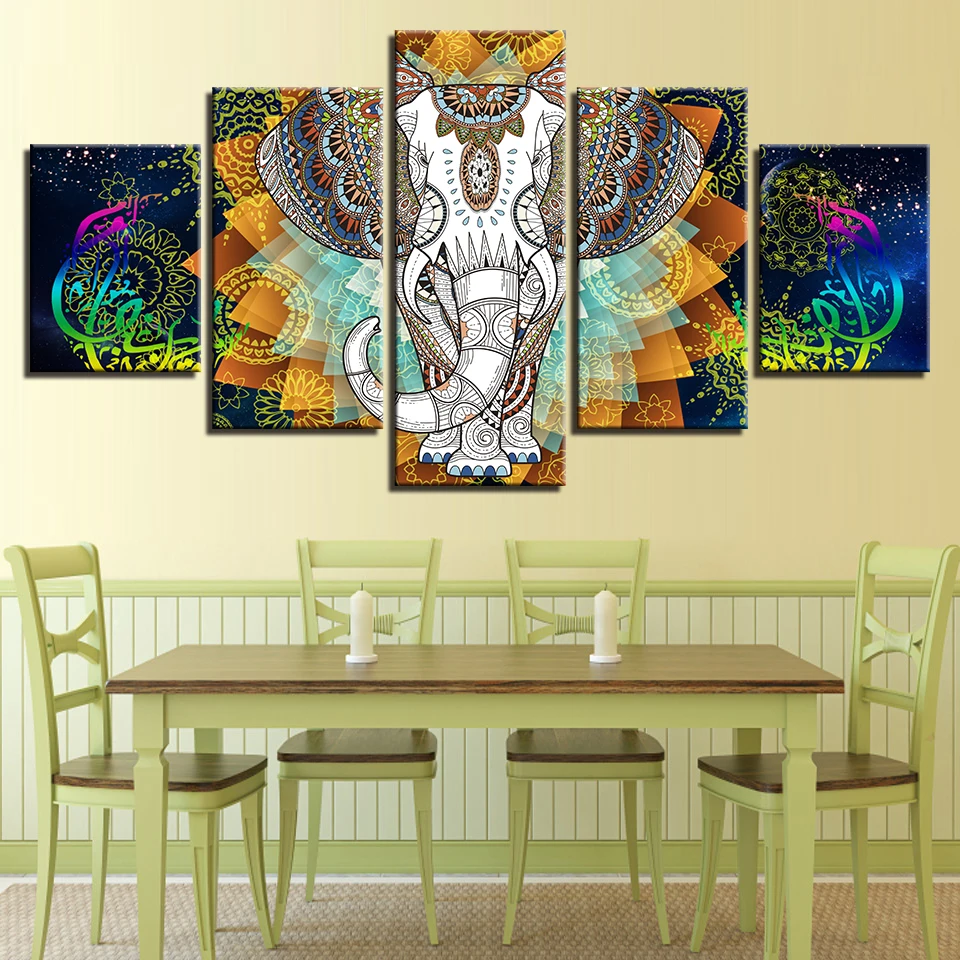 

HD Print Art Animal Canvas Pictures 5 Pieces India Elephant And Abstract Color Flower Paintings Modular Frame Bedroom Wall Decor