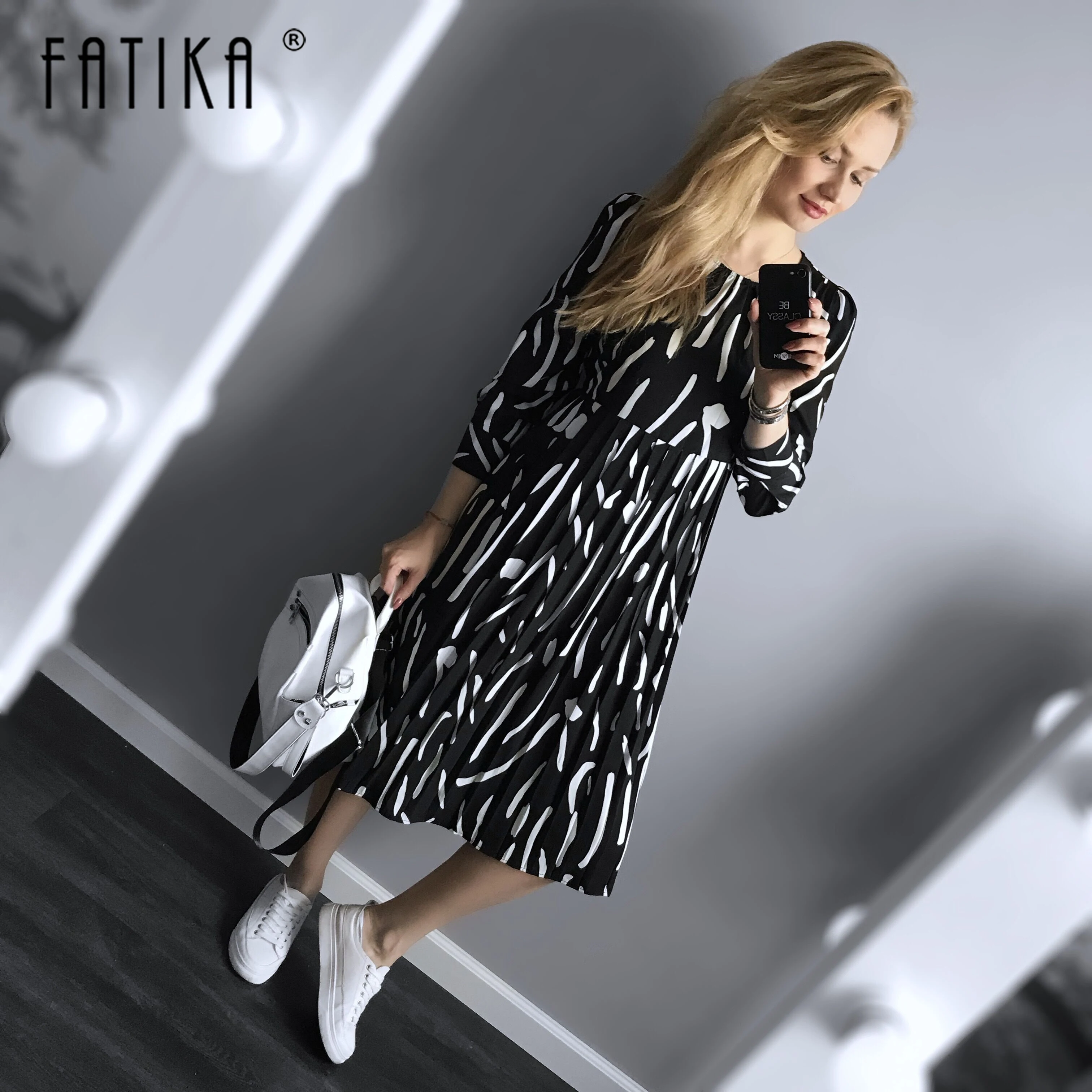 

FATIKA 2019 Spring Autumn Hot Black White Dresses Long Sleeve Dress With Sashes New Loose Clothing For Women