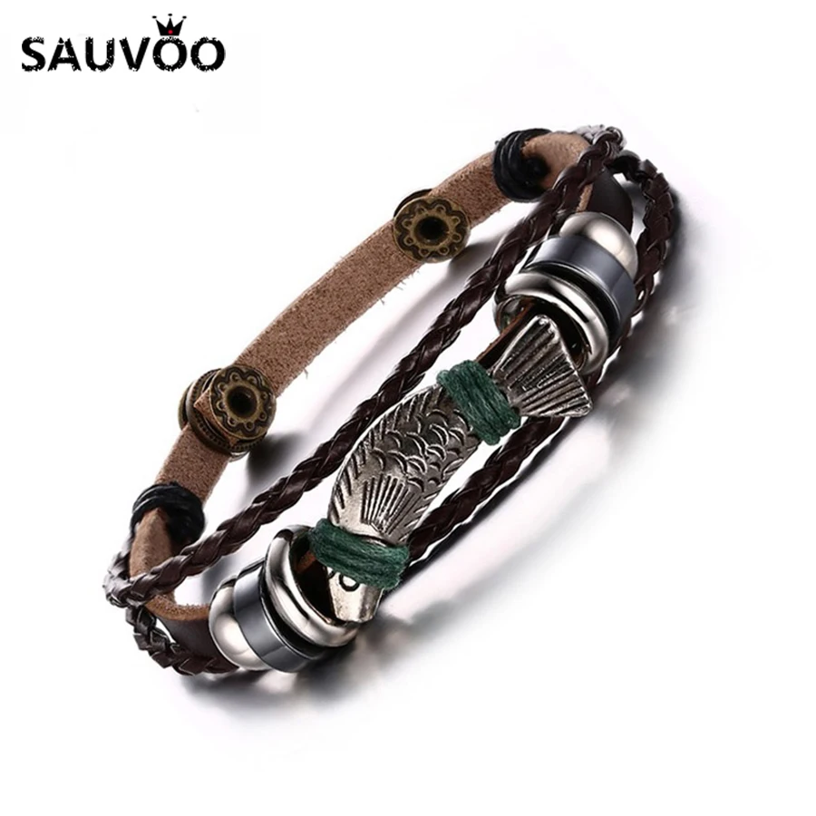 Sauvoo Punk Vintage Alloy Fish Charms Braided Leather Bracelets Multilayers Rope Wrap Wristband Bracelet Men Fashion Jewelry | Украшения и