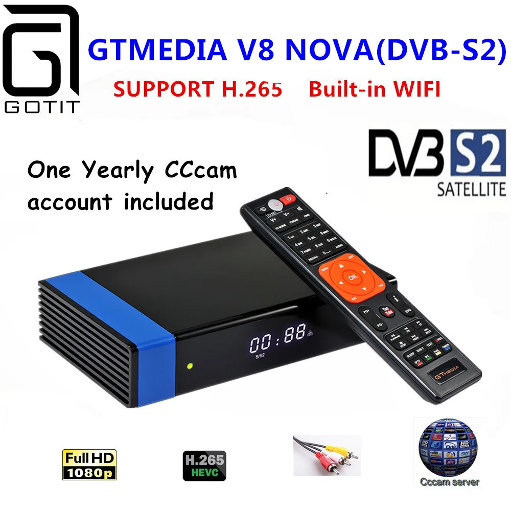 GT медиа V8 Nova RCA DVB-S2 спутниковый ресивер H.265 встроенный wifi+ 1 год Европа Испания CCcam ccines ТВ коробка версия V8 супер