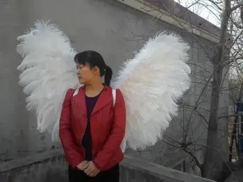 

Hot quality white angel Ostrich plumes wings custom Unique T-show performance large feather wings 120*90cm EMS Free shipping