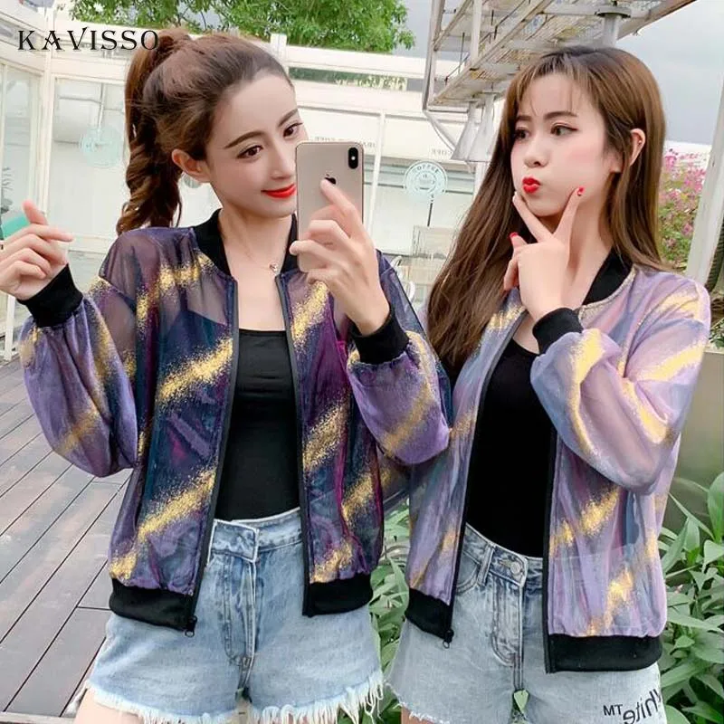 

2019 New Fashion Jacket Mesh Diagonal Stripes Transparent Summer Zipper Coat Women Streetwear Thin Sun Protection Clothes 3Color