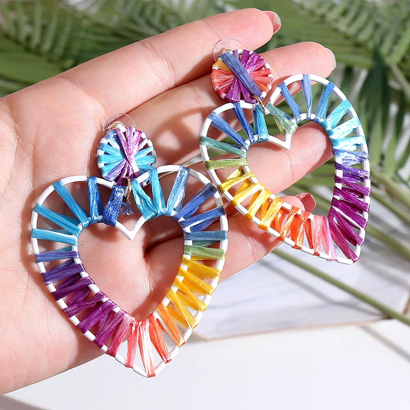 

2019 Boho Hyperbole Geometric Heart Multicolor Weave Raffia Big Earrings For Women Trendy Statement Lafite Large Earring Jewelry