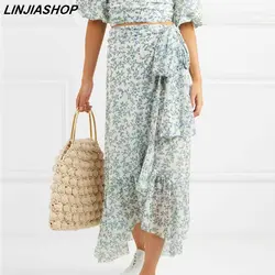 Linjiashop Boho плиссированная юбка принт Высокая Талия линии пояса внутри оборками середины икры зеленый Тюлевая юбка Для женщин блоггеров Стиль