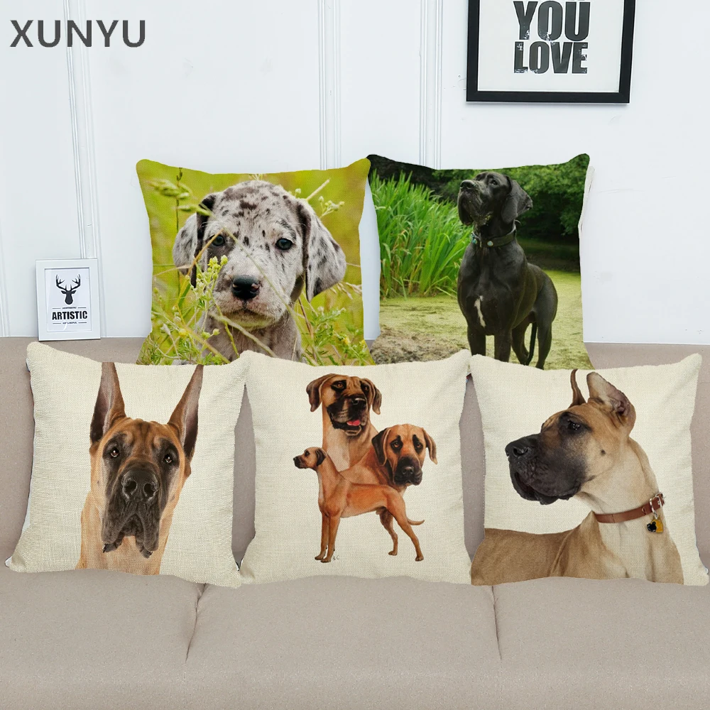 

XUNYU Great Dane Dog Pattern Linen Pillow Case Sofa Square Decorative Pillow Cover Animal Cushion Cover 45X45cm AC013