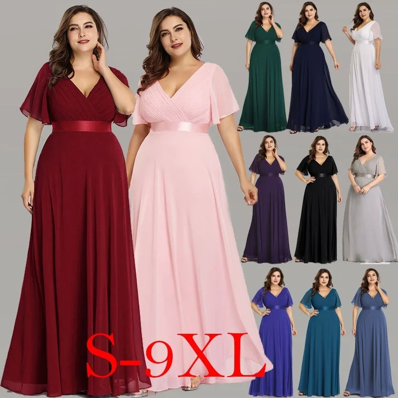 New Summer Women Dress Plus Size S-9XL Elegant A Line V Neck Short Maxi Sleeve Beach Dresses Boho Long Party Dress Robe Femme