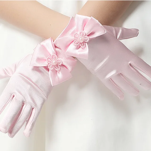 Dress Flower Girls White Satin Bow Gloves Kids Wrist Length Gloves