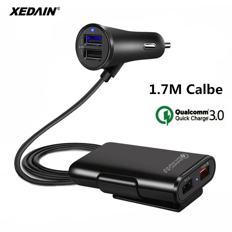 

Quick QC3.0 Car Charger 2.4A+3.1A 4 USB Port with 5.6ft Extension Cord Cable for Back Seat Charge With A Clip iphone smart phone