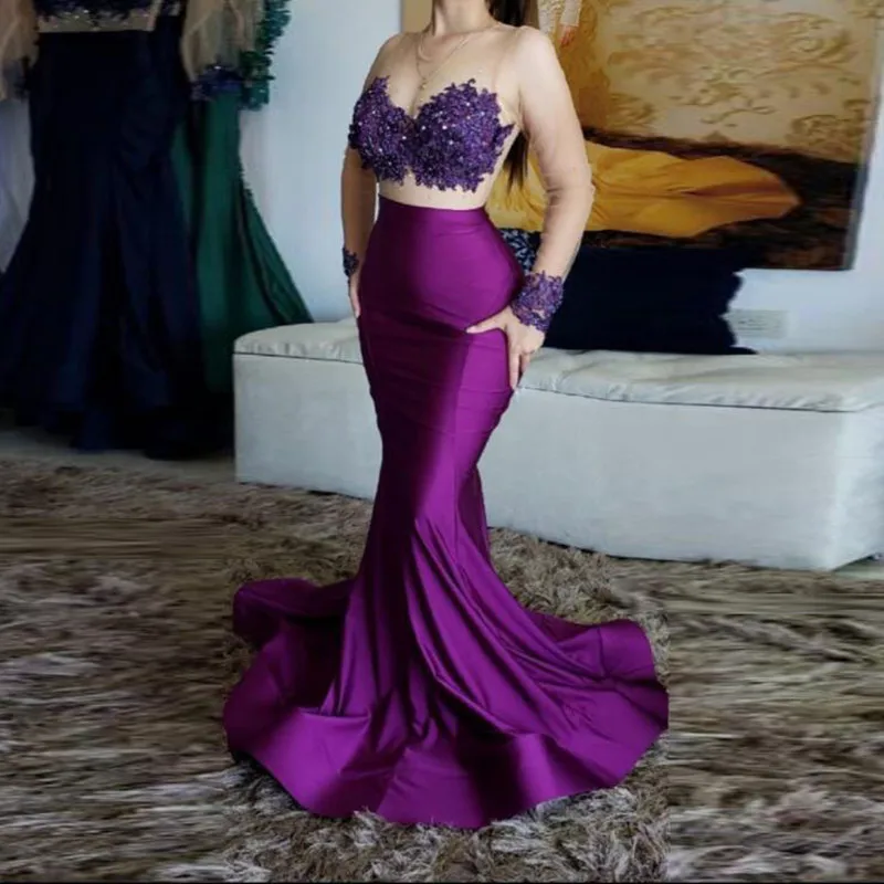 

Elegant Purple Mermaid Evening Formal Dresses 2019 With Sheer Full Sleeves Applique Lace Beaded Long Prom Gowns Robe De Soiree