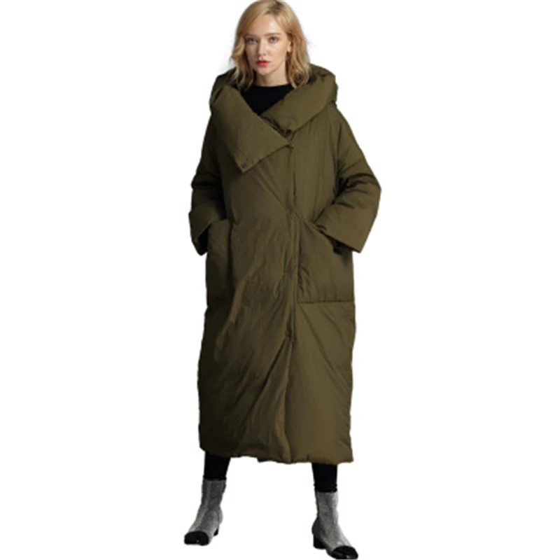

Casual Loose Fit Plus Long Down Jacket Women Hooded Oversize 7XL Pocket Lightweight Duck Down Coat Female Winter Clothes 2019