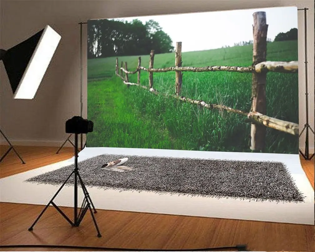 

Photography Backdrop Ric Green Wheat Field Vintage Wooden Fence Nature Photo Background