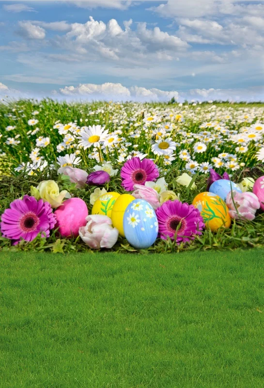 

Laeacco Green Spring Easter Eggs Colorful Flower Grass Blue Sky Baby Child Scenic Photo Backdrop Photo Backgrounds Photo Studio